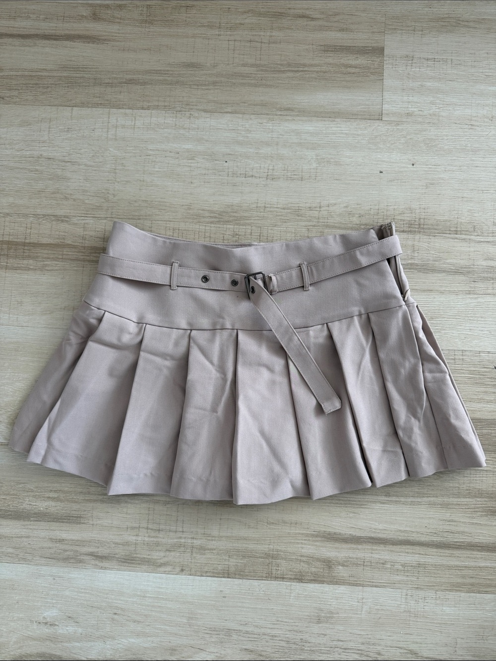 Pleated Mini Skirt with Matching Waist Belt - Light Taupe